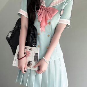 Navy Collar Waist-Defined Short Sleeve Sailor Suit Set - Sweet Style JK Uniform Top for Summer 2025