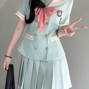 Navy Collar Waist-Defined Short Sleeve Sailor Suit Set - Sweet Style JK Uniform Top for Summer 2025