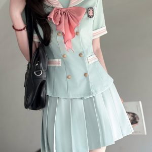 Navy Collar Waist-Defined Short Sleeve Sailor Suit Set - Sweet Style JK Uniform Top for Summer 2025