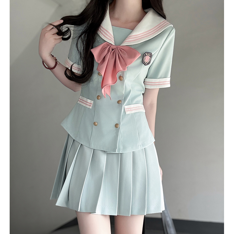 Navy Collar Waist-Defined Short Sleeve Sailor Suit Set - Sweet Style JK Uniform Top for Summer 2025