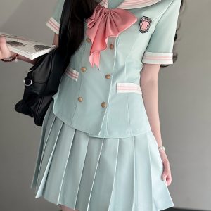 Navy Collar Waist-Defined Short Sleeve Sailor Suit Set - Sweet Style JK Uniform Top for Summer 2025