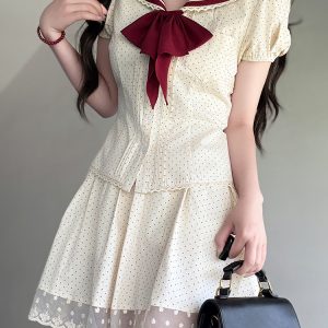 Navy Polka Dot Short Sleeve JK Uniform Set with Waist-Defining Design - Sweet Summer College Style