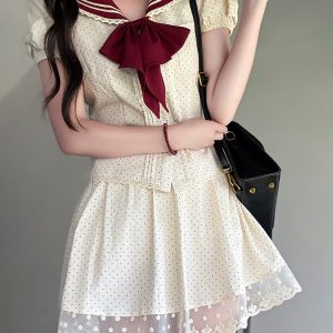 Navy Polka Dot Short Sleeve JK Uniform Set with Waist-Defining Design - Sweet Summer College Style