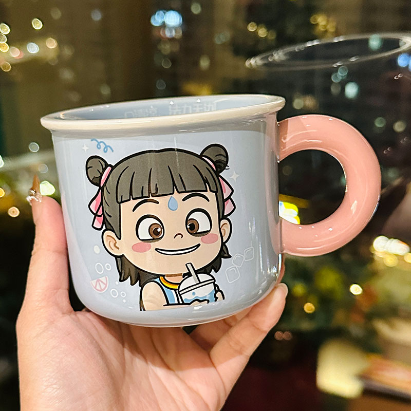 Nezha Magic Child Ceramic Mug with Lid - Cute Girls Coffee Cup for Birthdays, Perfect Gift for 2025