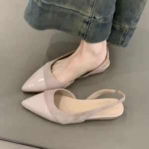 Nude Color Sheepskin Wedge Sandals for Women - Pointed Toe, Backless, Open Toe, French Gentle Style, Commuting Footwear