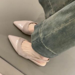 Nude Color Sheepskin Wedge Sandals for Women - Pointed Toe, Backless, Open Toe, French Gentle Style, Commuting Footwear