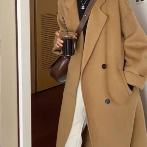Oatmeal Cashmere Coat for Women, Mid-Length 2024 Winter Korean Style High-End Down Jacket with Thick Inner Lining Outerwear