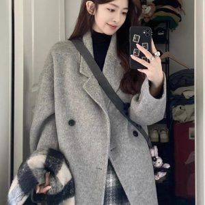 Oatmeal Cashmere Coat for Women, Mid-Length 2024 Winter Korean Style High-End Down Jacket with Thick Inner Lining Outerwear