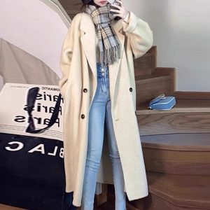 Oatmeal Cashmere Coat for Women, Mid-Length 2024 Winter Korean Style High-End Down Jacket with Thick Inner Lining Outerwear