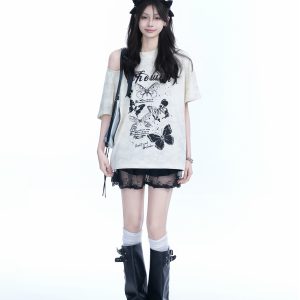 Off-Shoulder Butterfly Knot Tie Short Sleeve T-Shirt for Women - Summer Loose Fit Casual Top, Sweet Cool Style, Y2K Aesthetic