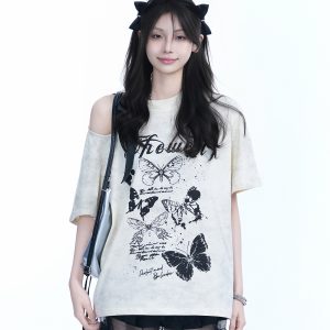 Off-Shoulder Butterfly Knot Tie Short Sleeve T-Shirt for Women - Summer Loose Fit Casual Top, Sweet Cool Style, Y2K Aesthetic