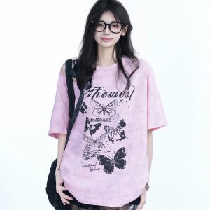 Off-Shoulder Butterfly Knot Tie Short Sleeve T-Shirt for Women - Summer Loose Fit Casual Top, Sweet Cool Style, Y2K Aesthetic