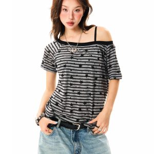 Off-Shoulder Color-Blocking Striped T-Shirt for Women - Summer Spicy Girl Style, Versatile Short Sleeve Top