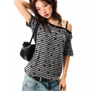 Off-Shoulder Color-Blocking Striped T-Shirt for Women - Summer Spicy Girl Style, Versatile Short Sleeve Top