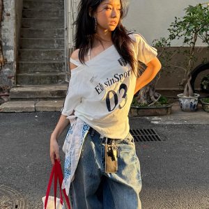 Off-Shoulder Color-Blocking T-Shirt for Women - Spicy Girl Summer Top with Letter Print and Woven Strap, Y2K Loose Fit Style