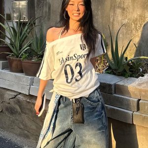 Off-Shoulder Color-Blocking T-Shirt for Women - Spicy Girl Summer Top with Letter Print and Woven Strap, Y2K Loose Fit Style