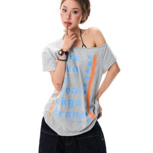 Off-Shoulder Floral Gray T-Shirt for Women - Sexy Asymmetrical Short Sleeve Top, Summer 90s Style American Letter Print
