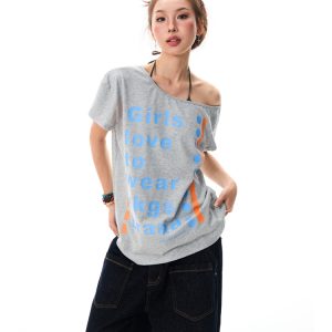 Off-Shoulder Floral Gray T-Shirt for Women - Sexy Asymmetrical Short Sleeve Top, Summer 90s Style American Letter Print