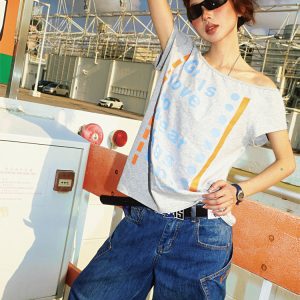 Off-Shoulder Floral Gray T-Shirt for Women - Sexy Asymmetrical Short Sleeve Top, Summer 90s Style American Letter Print