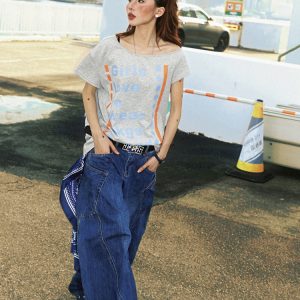 Off-Shoulder Floral Gray T-Shirt for Women - Sexy Asymmetrical Short Sleeve Top, Summer 90s Style American Letter Print