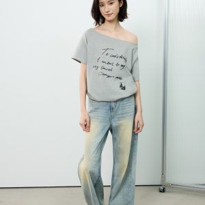 Off-Shoulder Letter Print Short Sleeve T-Shirt for Women - Casual Loose Slim Summer Top, American Street Style