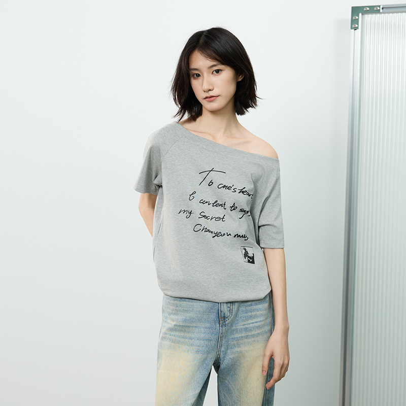 Off-Shoulder Letter Print Short Sleeve T-Shirt for Women - Casual Loose Slim Summer Top, American Street Style