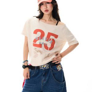 Off-Shoulder Letter Print Short-Sleeve T-Shirt for Women - Spicy Girl Style, Slim-Fit Casual Summer Top, American Fashion, Versatile 90s Vibe