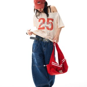 Off-Shoulder Letter Print Short-Sleeve T-Shirt for Women - Spicy Girl Style, Slim-Fit Casual Summer Top, American Fashion, Versatile 90s Vibe