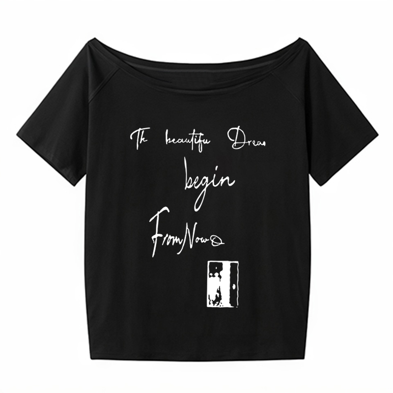 Off-Shoulder Letter Print T-Shirt for Women - Casual Loose Fit Summer Top, American Style, Slimming One-Shoulder Design Off-Shoulder Letter Print T-Shirt for Women - Casual Loose Fit Summer Top, American Style, Slimming One-Shoulder Design