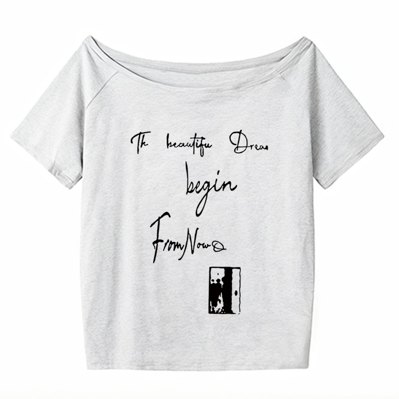 Off-Shoulder Letter Print T-Shirt for Women - Casual Loose Fit Summer Top, American Style, Slimming One-Shoulder Design Off-Shoulder Letter Print T-Shirt for Women - Casual Loose Fit Summer Top, American Style, Slimming One-Shoulder Design