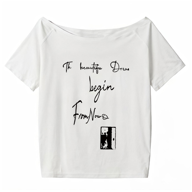 Off-Shoulder Letter Print T-Shirt for Women - Casual Loose Fit Summer Top, American Style, Slimming One-Shoulder Design Off-Shoulder Letter Print T-Shirt for Women - Casual Loose Fit Summer Top, American Style, Slimming One-Shoulder Design