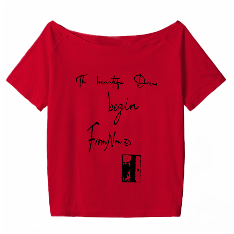 Off-Shoulder Letter Print T-Shirt for Women - Casual Loose Fit Summer Top, American Style, Slimming One-Shoulder Design Off-Shoulder Letter Print T-Shirt for Women - Casual Loose Fit Summer Top, American Style, Slimming One-Shoulder Design