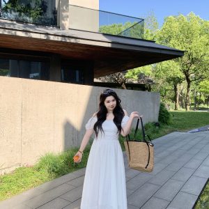 Off-Shoulder Little White Dress with Pleats, Embroidery, and Polka Dots – South France Holiday Style