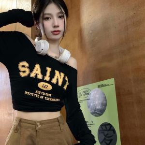 Off-Shoulder Long Sleeve T-Shirt for Women - European and American Style, Spring Versatile Thin Sun Protection, Slim Fit Top