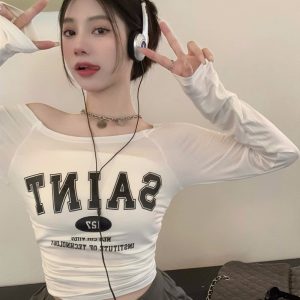 Off-Shoulder Long Sleeve T-Shirt for Women - European and American Style, Spring Versatile Thin Sun Protection, Slim Fit Top