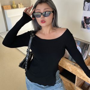 Off-Shoulder Long Sleeve T-Shirt for Women - Slimming Autumn Design, Low Neck Sexy Top, Trendy Y2K Style