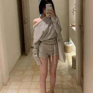 Off-Shoulder Long Sleeve Waist-Cinching Black and White Striped Top with Cotton Shorts - Casual Y2K Outfit