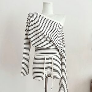 Off-Shoulder Long Sleeve Waist-Cinching Black and White Striped Top with Cotton Shorts - Casual Y2K Outfit