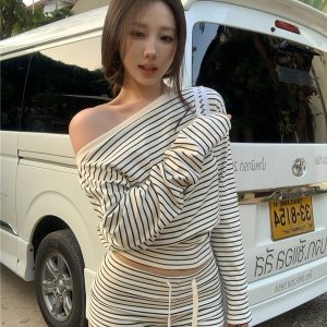 Off-Shoulder Long Sleeve Waist-Cinching Black and White Striped Top with Cotton Shorts - Casual Y2K Outfit