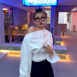 Off-Shoulder Long Sleeve White Shirt for Women - Unique Spring Fashion Top, Trendy 90s Style