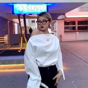 Off-Shoulder Long Sleeve White Shirt for Women - Unique Spring Fashion Top, Trendy 90s Style