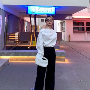 Off-Shoulder Long Sleeve White Shirt for Women - Unique Spring Fashion Top, Trendy 90s Style