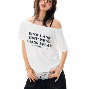 Off-Shoulder Loose White Short Sleeve T-Shirt for Women - Casual Summer Top, Spicy Girl Style, Versatile Slanted Shoulder Design