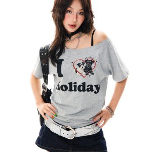 Off-Shoulder Puppy Heart Print Short Sleeve T-Shirt for Women - Vintage American Style Summer Top for Hot Girls