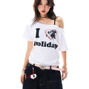Off-Shoulder Puppy Heart Print Short Sleeve T-Shirt for Women - Vintage American Style Summer Top for Hot Girls