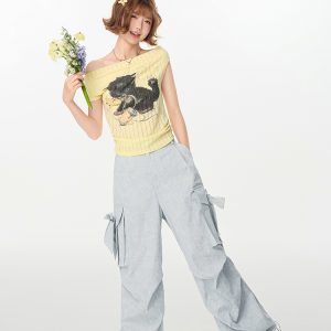 Off-Shoulder Retro Printed T-Shirt for Women, Drop Shoulder, Waist-Cinching, Slimming Summer Top, Y2K Style