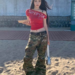 Off-Shoulder Short Sleeve Color-Blocking T-Shirt for Women - Spicy Girl Summer Top with Letter Print - Slim Fit Casual Style