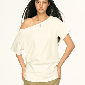 Off-Shoulder Short Sleeve T-Shirt for Women - Spicy Girl Style, Loose Fit, Summer 2025 Trend, American-Inspired Fashion