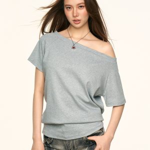 Off-Shoulder Short Sleeve T-Shirt for Women - Spicy Girl Style, Loose Fit, Summer 2025 Trend, American-Inspired Fashion
