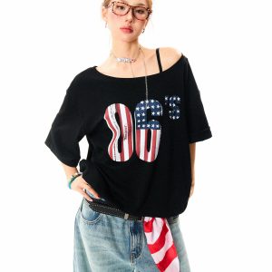Off-Shoulder Short Sleeve T-Shirt for Women - Vintage Digital Print, Loose Fit, Summer Versatile Top, Y2K Style